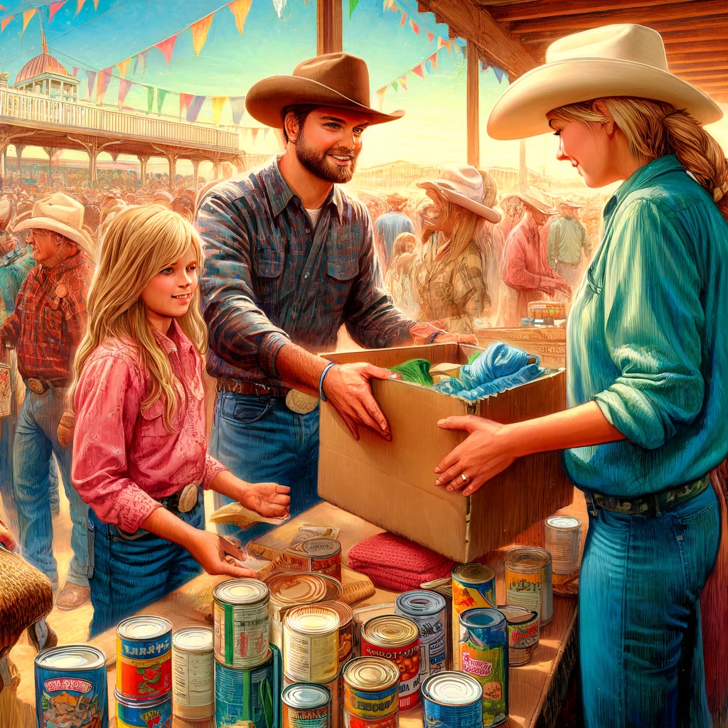 Ranch Charity Cowboys and Farmers - A vivid and detailed closeup illustration of a charity booth at a ranch charity event. The focus is on a family, dressed in casual Western wear, donat (2)