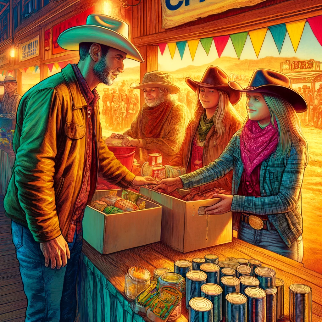 Ranch Charity Cowboys and Farmers - A vivid and detailed closeup illustration of a charity booth at a ranch charity event. The focus is on a family, dressed in casual Western wear, donat (2)